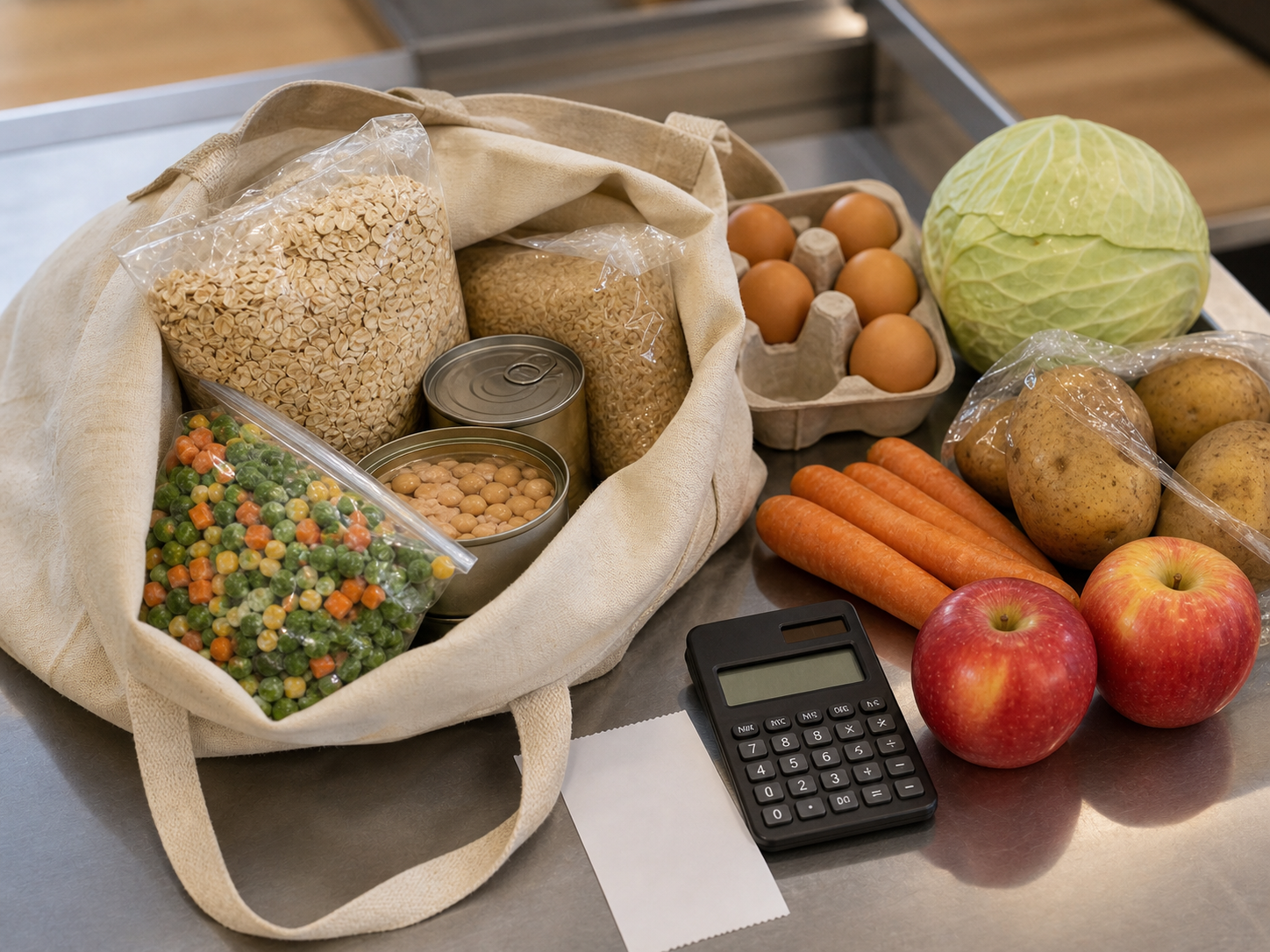 Budget grocery staples in a reusable tote with oats, rice, beans, eggs, vegetables, apples, potatoes, a calculator, and a blank receipt