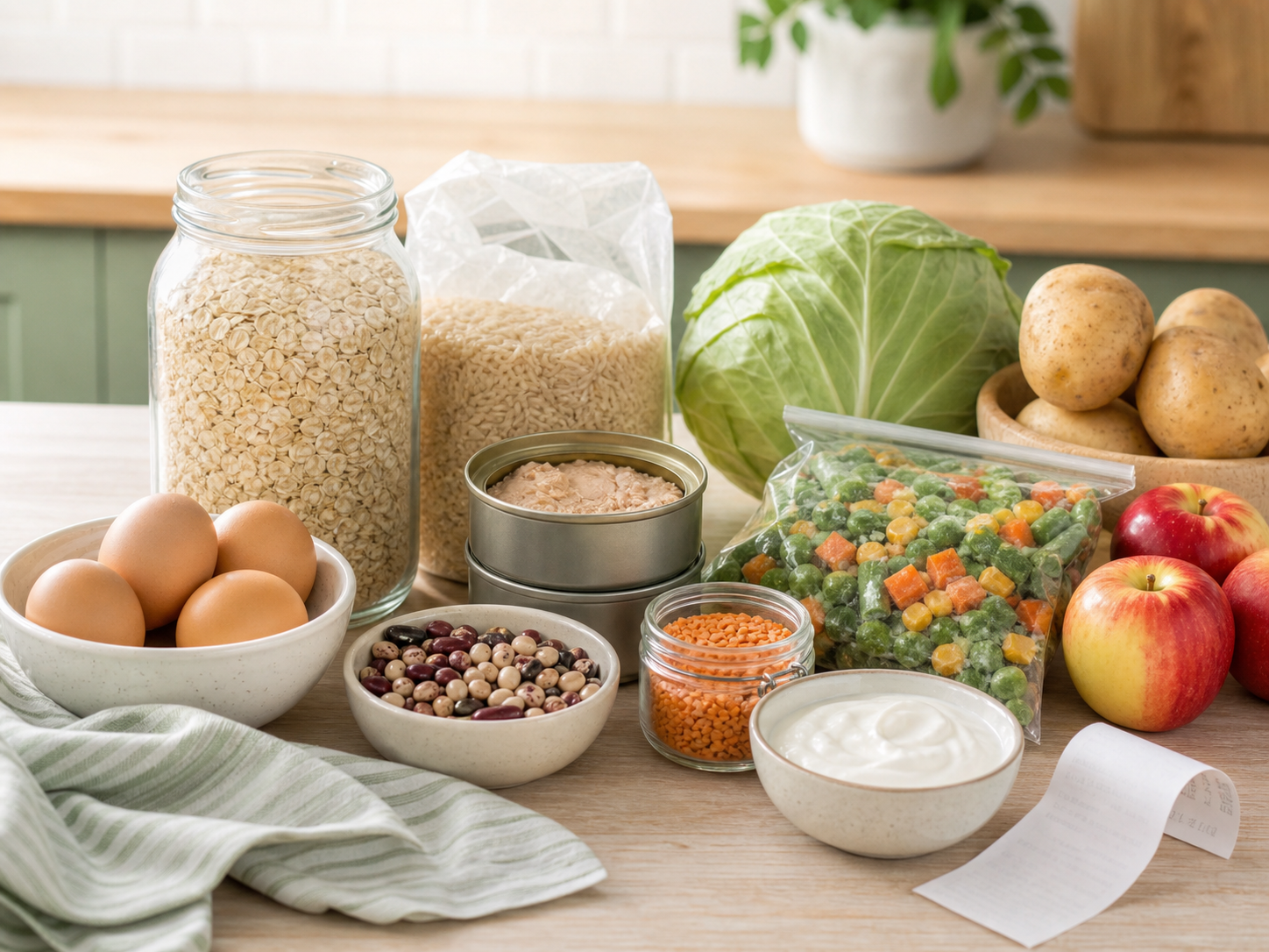 Affordable groceries including oats, eggs, rice, beans, frozen vegetables, apples, yogurt, cabbage, and a receipt