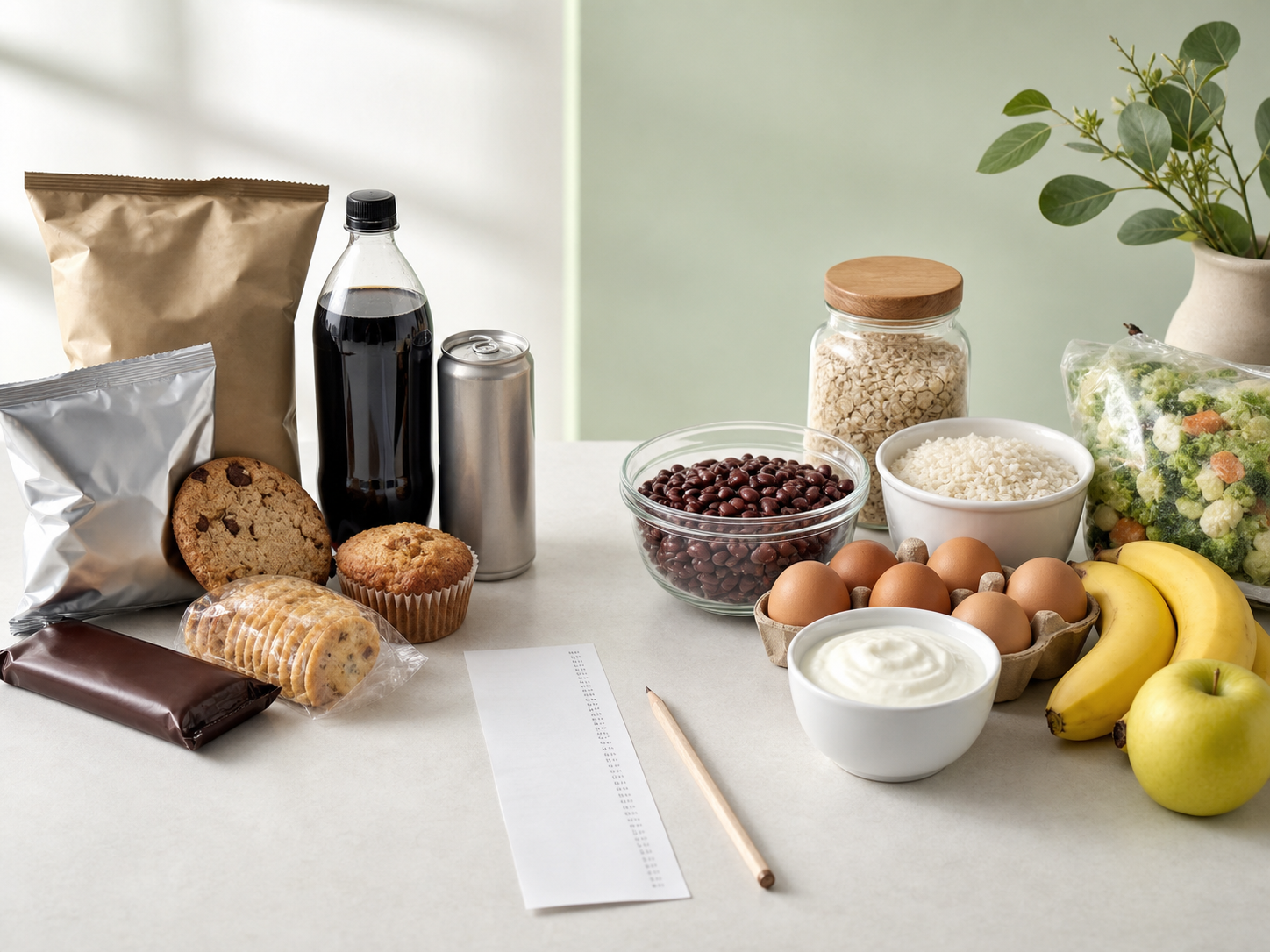 Snack-style grocery purchases compared with affordable staples like beans, rice, eggs, frozen vegetables, oats, fruit, and yogurt