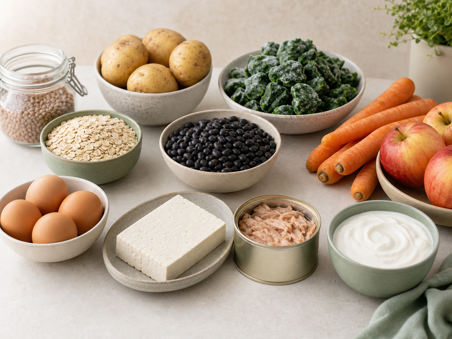 Budget protein and fiber staples such as eggs, tofu, beans, oats, potatoes, frozen spinach, apples, and yogurt