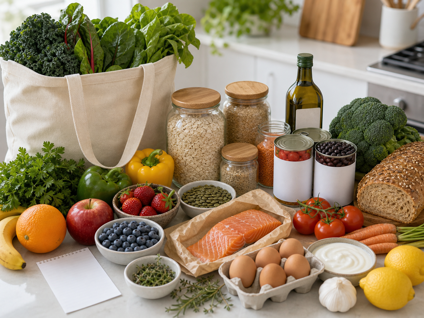 DASH groceries including greens, broccoli, carrots, peppers, tomatoes, fruit, oats, brown rice, whole-grain bread, lentils, beans, yogurt, eggs, salmon, nuts, seeds, herbs, lemons, garlic, olive oil, and a blank receipt