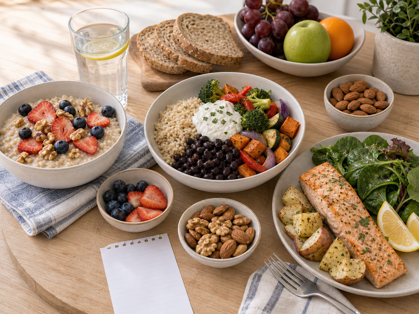 DASH meal combinations with oatmeal and berries, a brown rice black bean vegetable bowl with yogurt sauce, salmon with greens and potatoes, fruit, nuts, whole-grain bread, and a blank receipt