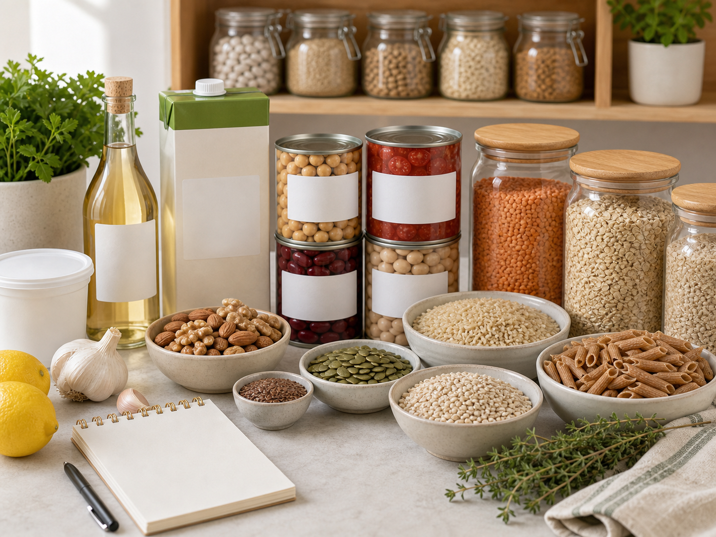 DASH pantry staples including no-salt-added canned beans and tomatoes, lentils, chickpeas, oats, brown rice, barley, whole-grain pasta, nuts, seeds, lower-sodium broth, yogurt, herbs, garlic, lemons, vinegar, and a blank checklist