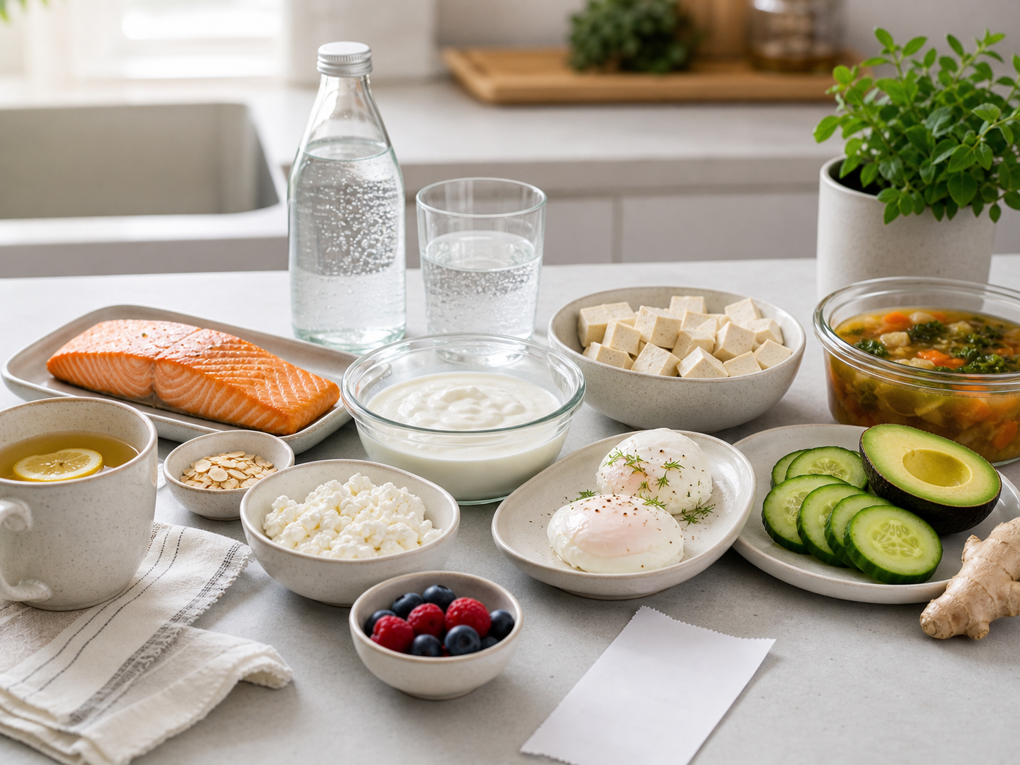 GLP-1 friendly groceries including yogurt, tofu, salmon, soup, cucumber, avocado, water, tea, and a blank receipt