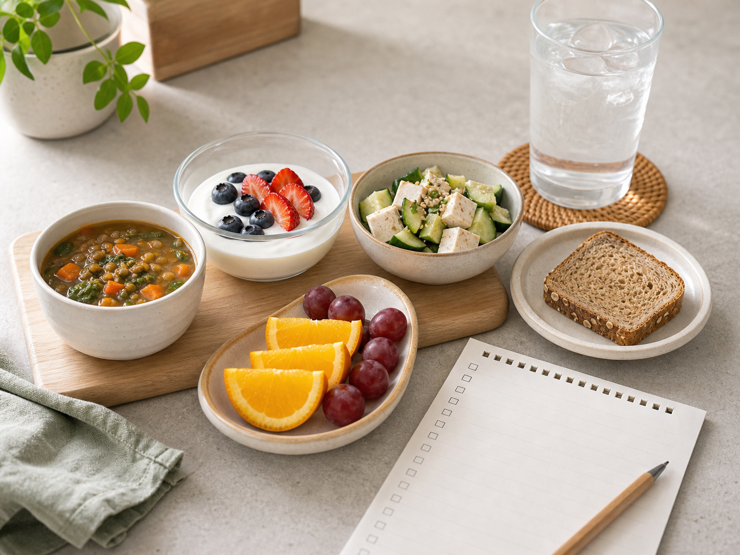 Small GLP-1 friendly meal components including lentil soup, yogurt with berries, tofu cucumber bowl, fruit, whole-grain toast, water, and a blank checklist