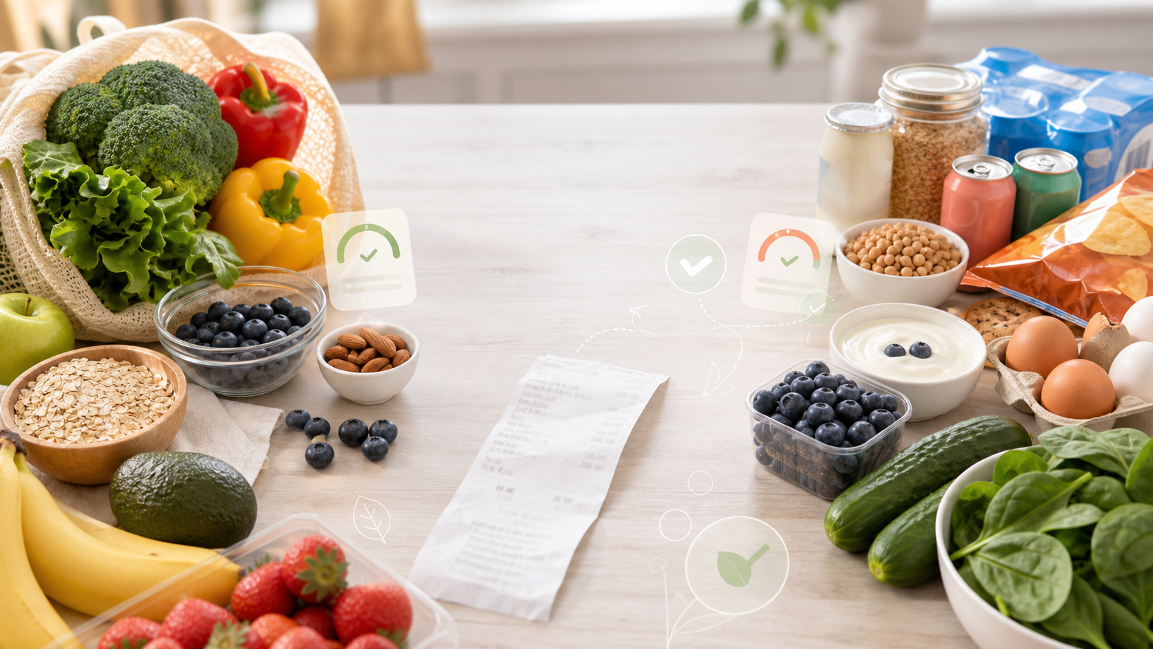 A grocery receipt surrounded by produce, oats, yogurt, eggs, berries, and snack items for a healthy cart check