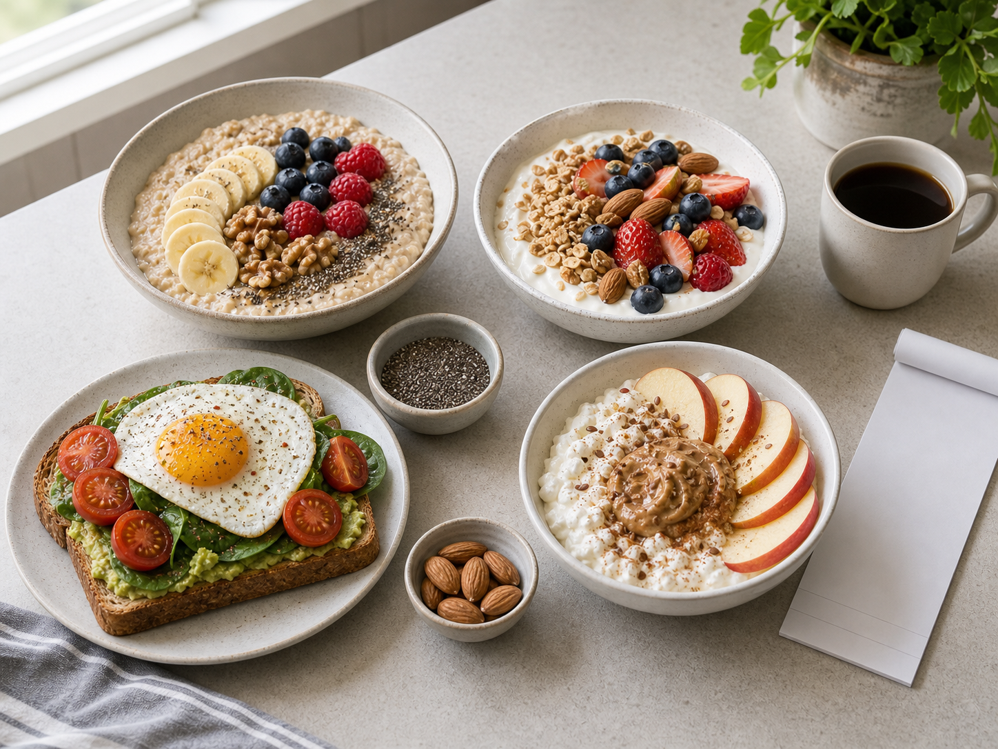 Healthy breakfast combinations with oatmeal and fruit, yogurt with berries and oats, egg avocado toast with greens and tomatoes, cottage cheese with apple and nut butter, seeds, coffee, and a blank receipt