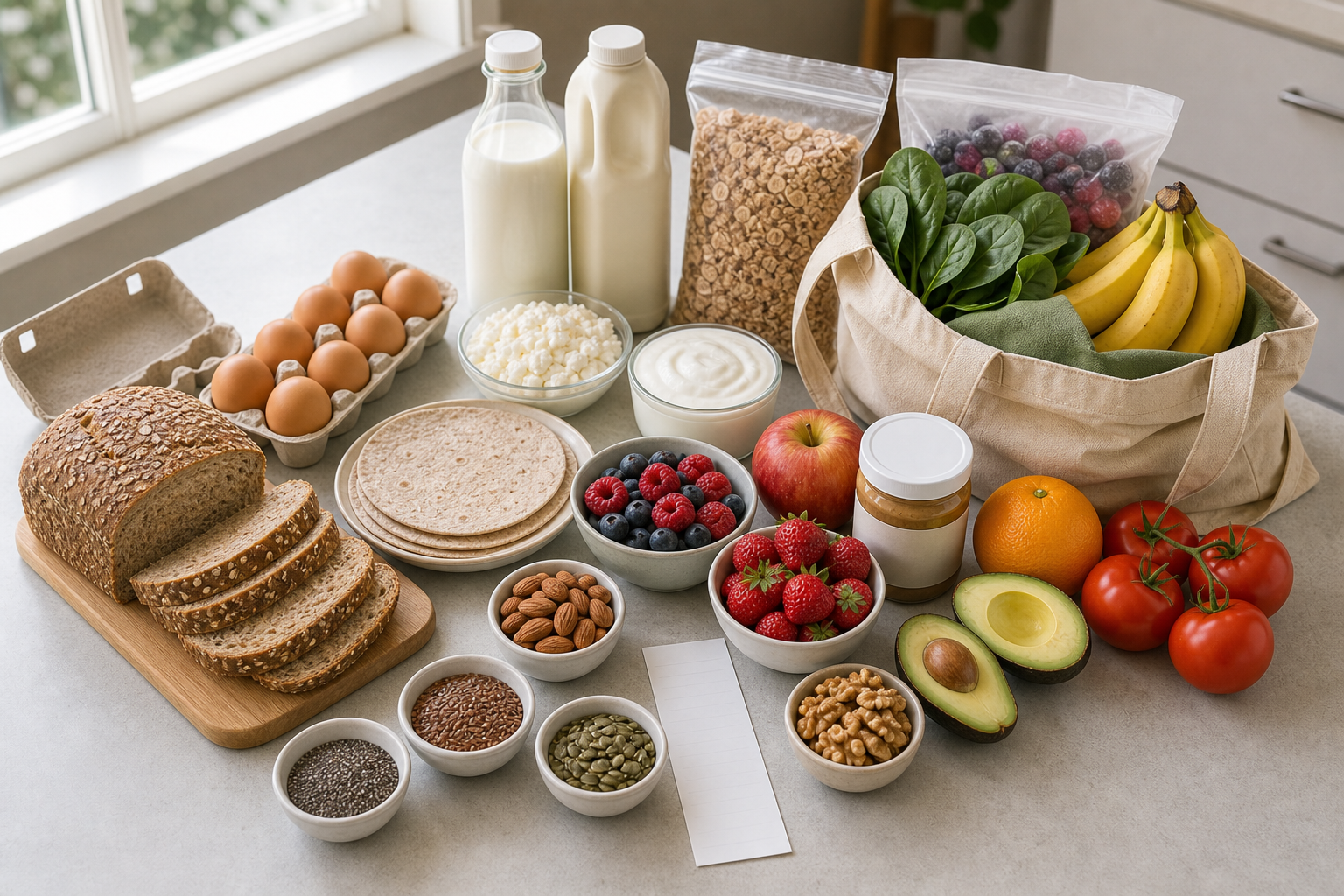 Healthy breakfast groceries including oats, whole-grain bread, tortillas, eggs, plain yogurt, cottage cheese, milk, soy milk, berries, bananas, apples, oranges, avocado, spinach, tomatoes, nut butter, nuts, seeds, cereal, frozen fruit, and a blank receipt