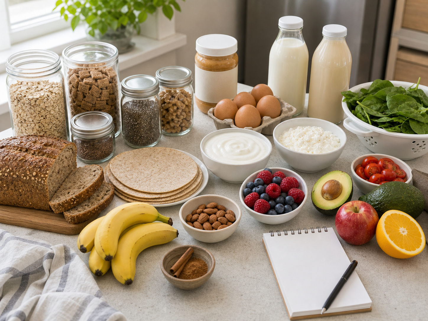 Healthy breakfast staples including oats, cereal, chia, flax, nuts, peanut butter, whole-grain bread, tortillas, eggs, yogurt, cottage cheese, milk, soy milk, berries, bananas, apples, oranges, spinach, tomatoes, avocado, cinnamon, and a blank checklist