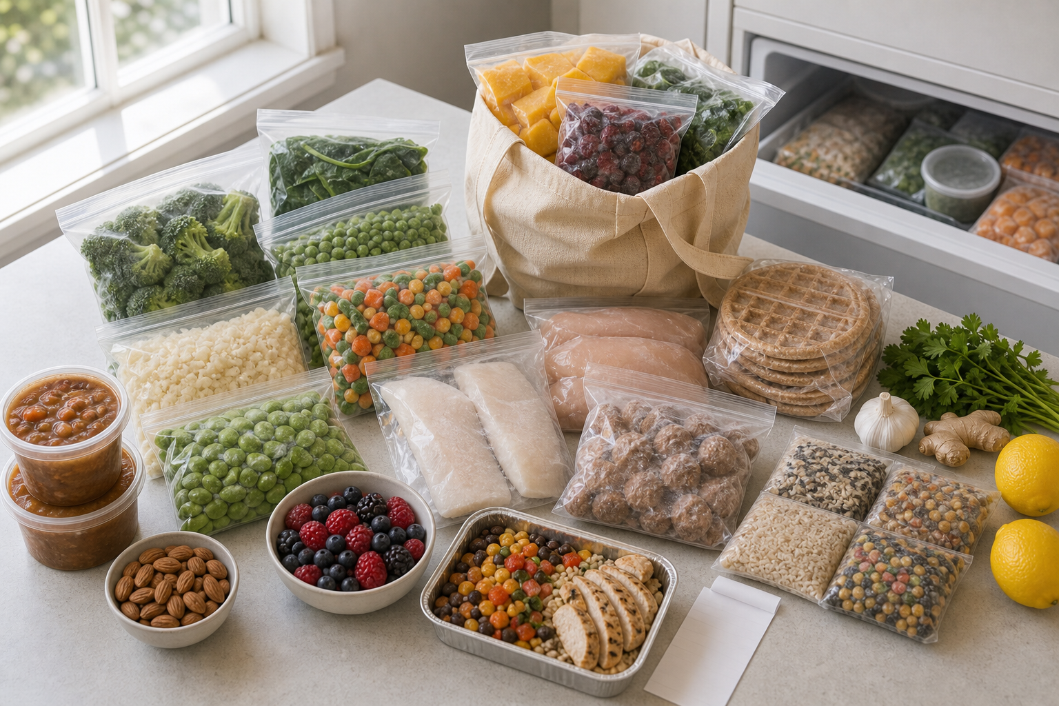 Healthy freezer groceries including frozen broccoli, spinach, peas, mixed vegetables, cauliflower rice, berries, mango, fish, chicken, turkey meatballs, edamame, whole-grain waffles, grains, soup containers, herbs, lemons, and a blank receipt