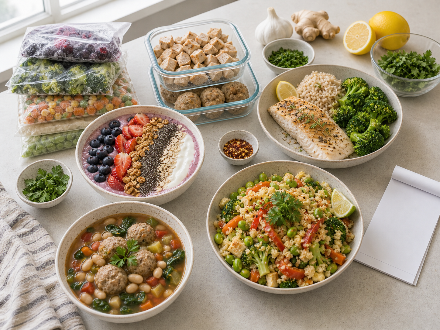 Healthy freezer meal combinations with berry yogurt smoothie bowl, fish with broccoli and brown rice, chicken or turkey meatball vegetable soup with beans, edamame cauliflower rice stir-fry, herbs, lemon, and a blank receipt