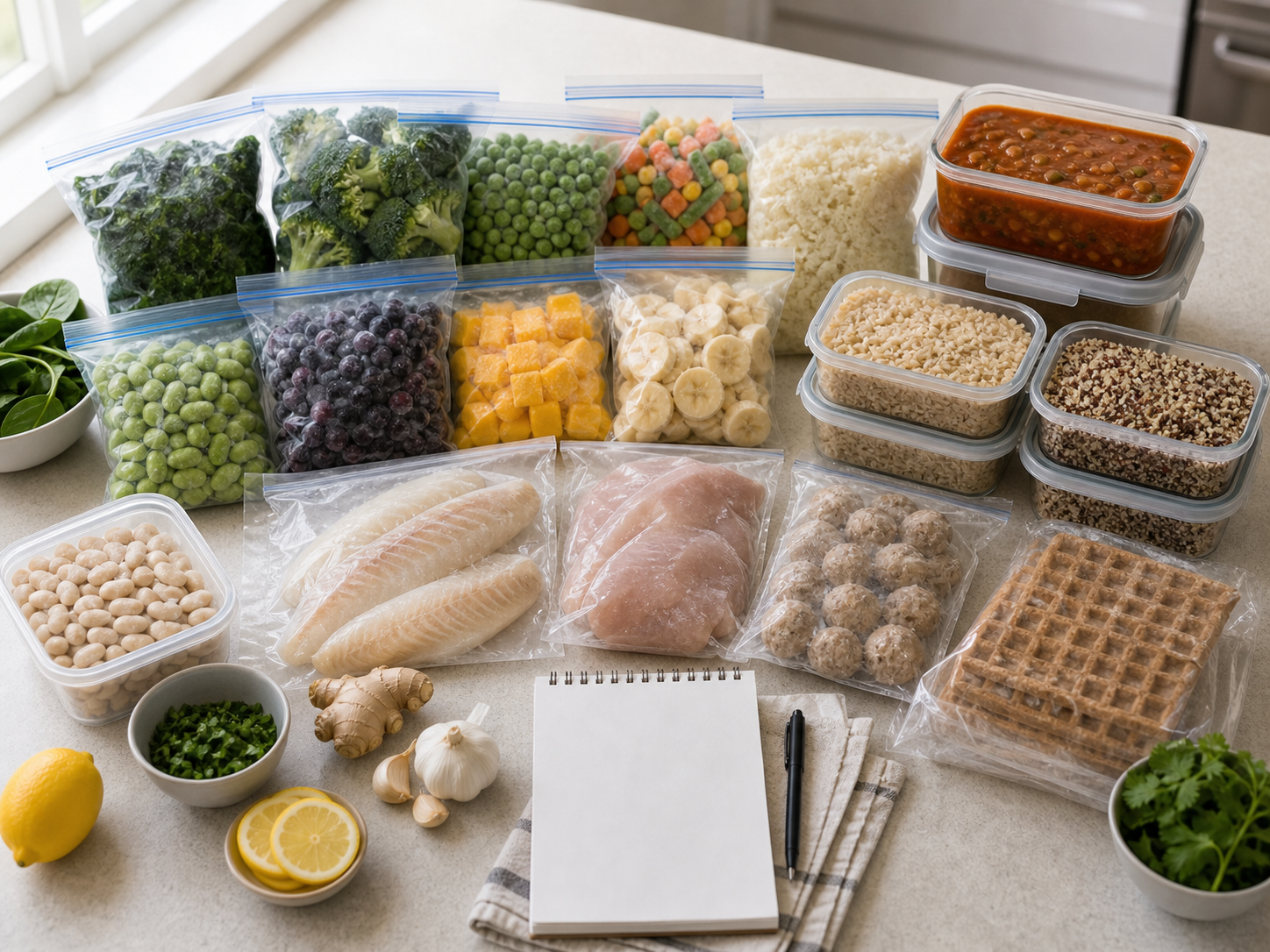 Healthy freezer staples including frozen spinach, broccoli, peas, mixed vegetables, cauliflower rice, edamame, berries, mango, bananas, fish, chicken, turkey meatballs, soup, rice, quinoa, waffles, herbs, citrus, garlic, ginger, and a blank checklist