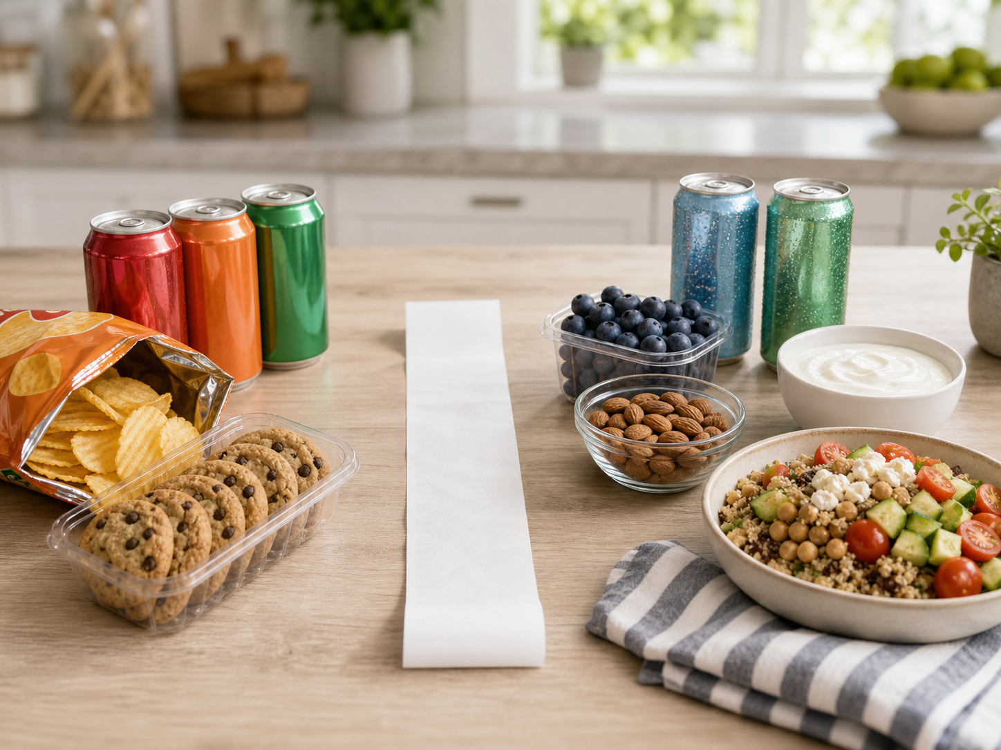 Sweet drinks and snack foods compared with sparkling water, berries, nuts, yogurt, and a meal bowl