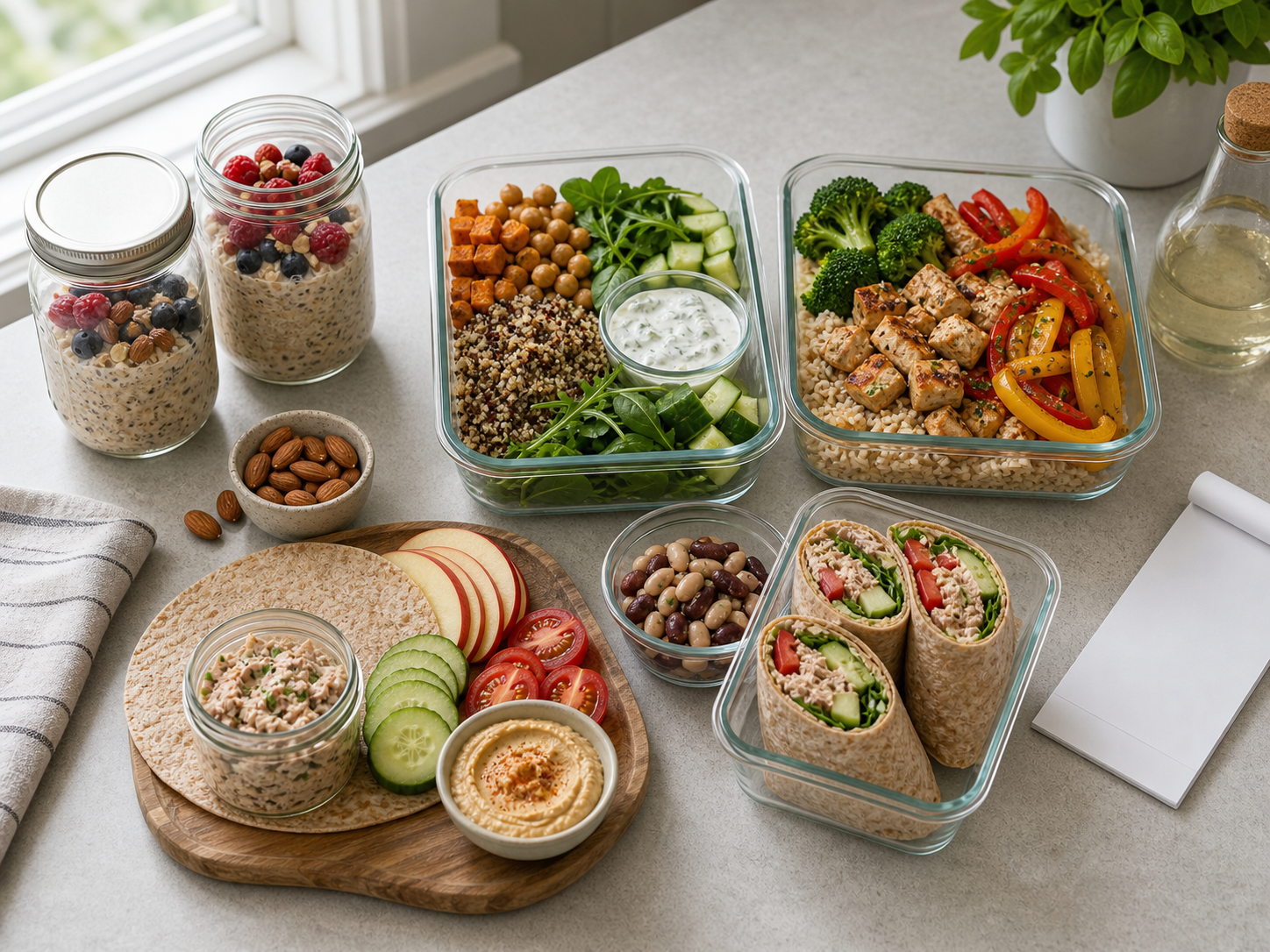 Healthy meal prep combinations with overnight oats, quinoa chickpea bowl, chicken or tofu rice bowl, tuna bean wrap ingredients, hummus, fruit, nuts, and a blank receipt