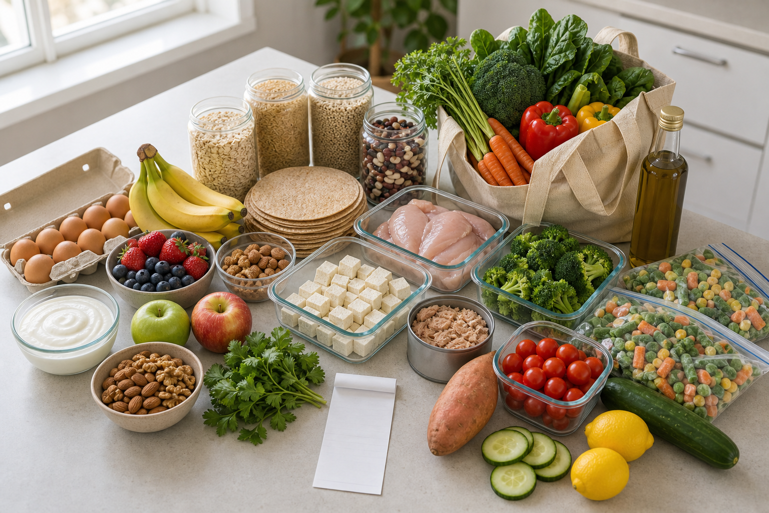 Healthy meal prep groceries including oats, berries, eggs, yogurt, tofu, chicken, tuna, beans, grains, wraps, vegetables, fruit, nuts, olive oil, herbs, lemons, freezer vegetables, and a blank receipt