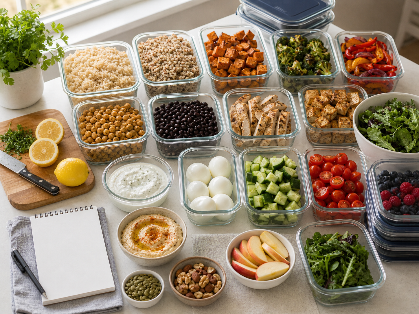 Meal prep staples in containers including cooked grains, roasted vegetables, beans, chicken, tofu, eggs, yogurt sauce, hummus, chopped vegetables, fruit, nuts, seeds, herbs, lemons, and a blank checklist