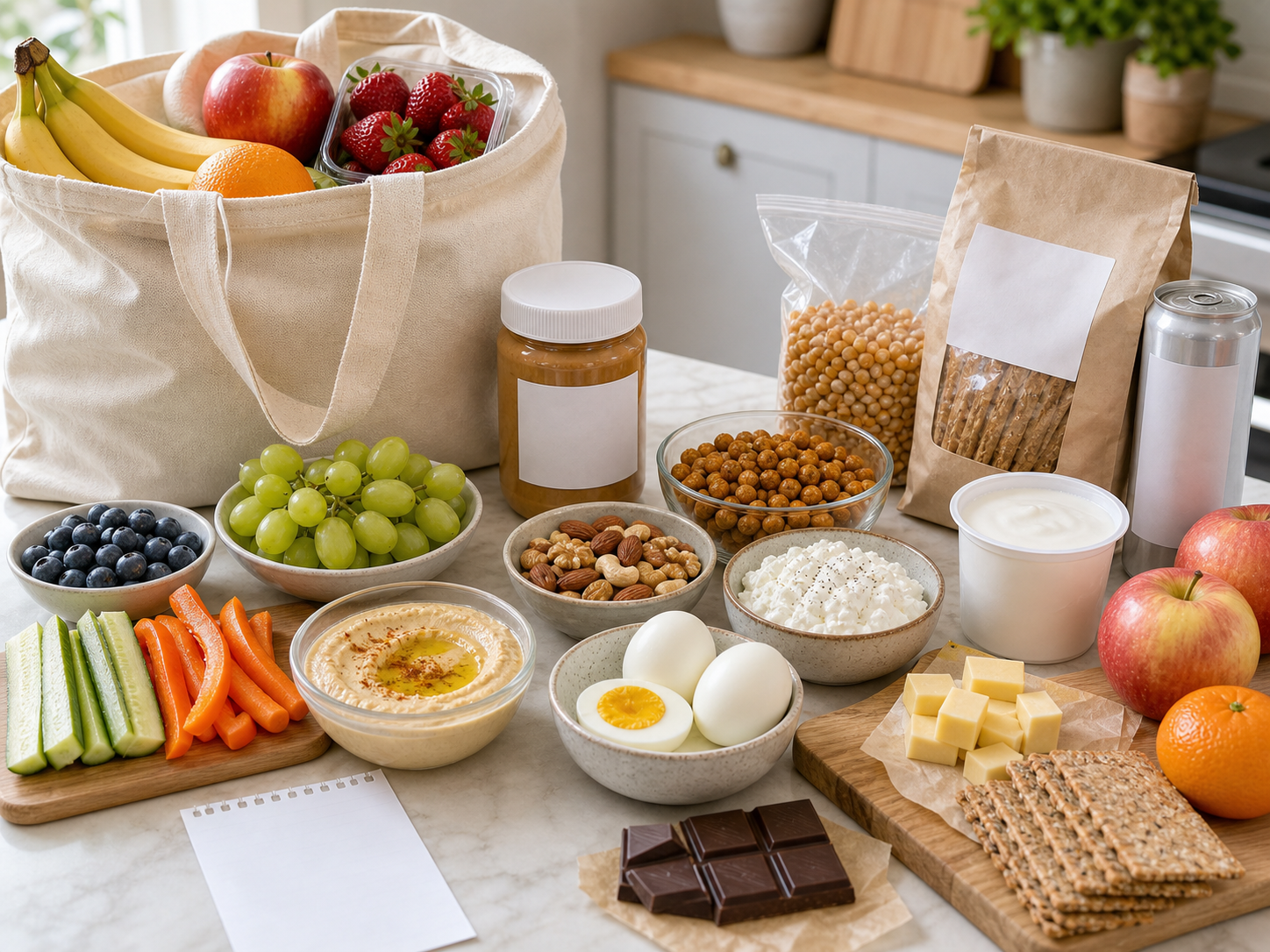 Healthy snack groceries including fruit, vegetables, hummus, Greek yogurt, cottage cheese, boiled eggs, cheese, nuts, peanut butter, popcorn kernels, whole-grain crackers, roasted chickpeas, dark chocolate, sparkling water, and a blank receipt