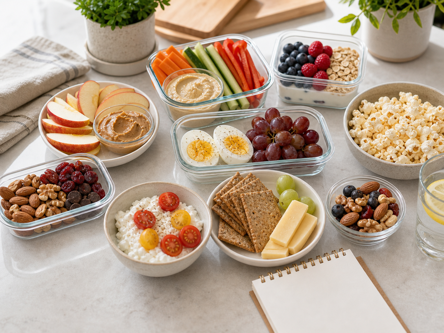 Healthy snack prep combinations with apple and peanut butter, yogurt with berries and oats, hummus with vegetables, boiled eggs with grapes, nuts with fruit, popcorn, cottage cheese with tomatoes, crackers with cheese, and a blank checklist