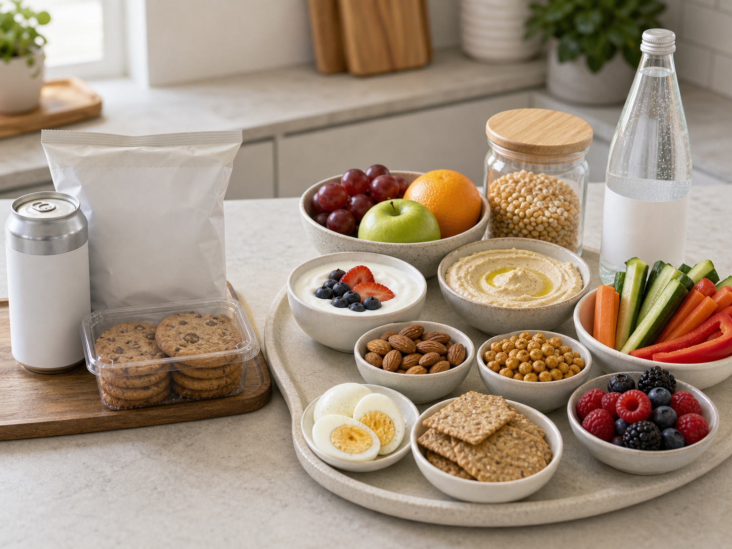 Healthy snack swaps with unbranded sweet drinks, chips, and cookies near fruit, yogurt, hummus, vegetables, nuts, boiled eggs, popcorn, roasted chickpeas, crackers, cottage cheese, and sparkling water