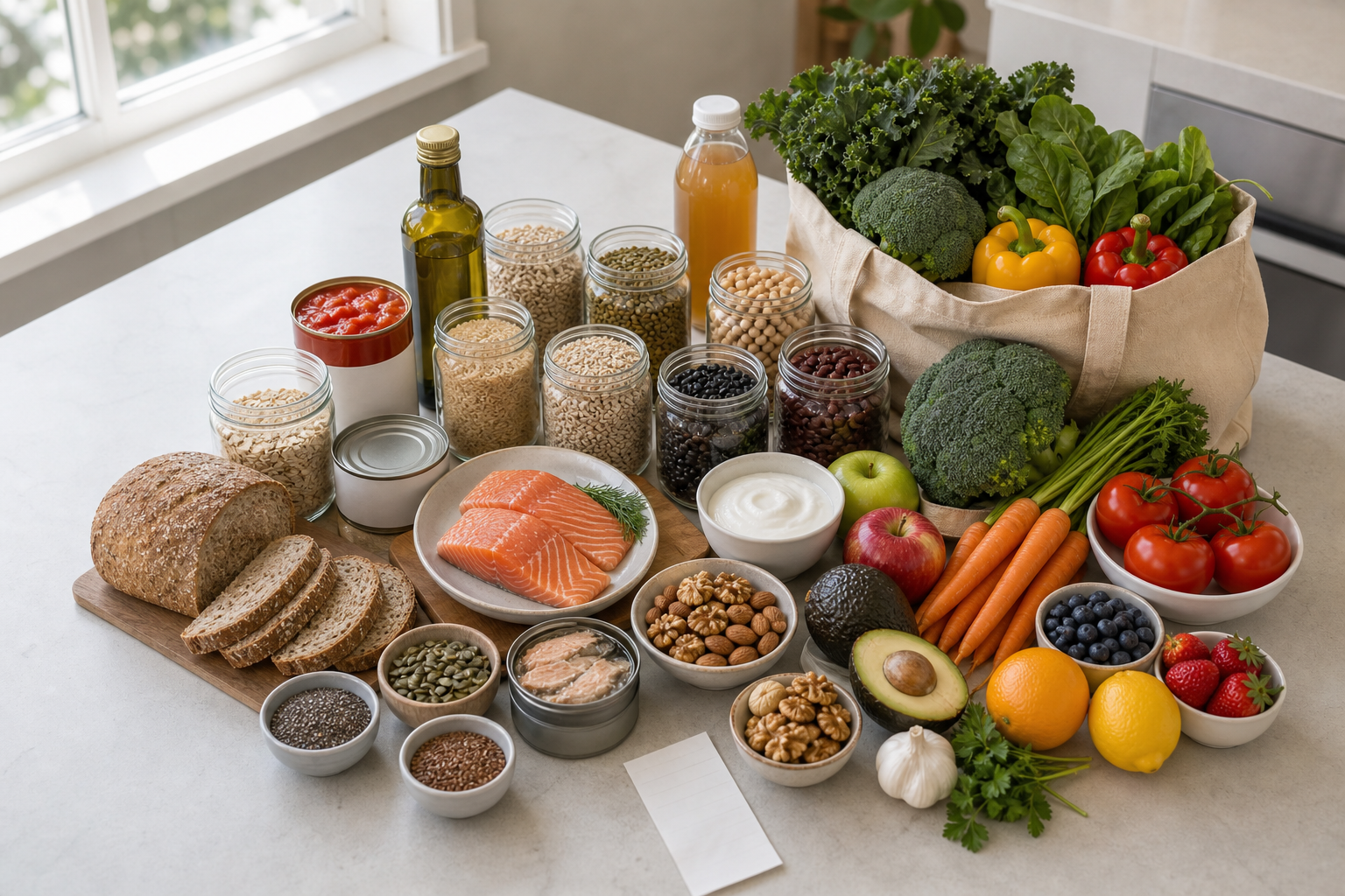 Heart-healthy groceries including greens, broccoli, tomatoes, peppers, carrots, berries, apples, oranges, oats, whole grains, beans, lentils, chickpeas, salmon, canned fish, yogurt, nuts, seeds, olive oil, avocado, herbs, garlic, lemons, lower-sodium pantry staples, and a blank receipt