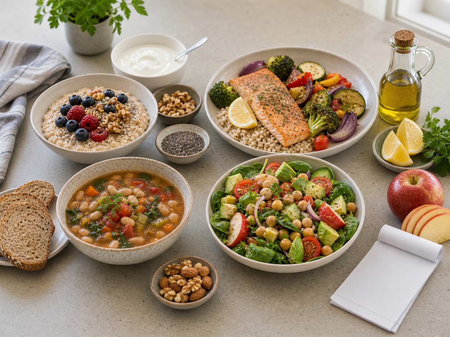 Heart-healthy meal combinations with oatmeal and berries, salmon with roasted vegetables and barley, bean vegetable soup, avocado chickpea salad, fruit, yogurt, nuts, herbs, lemon, olive oil, and a blank receipt