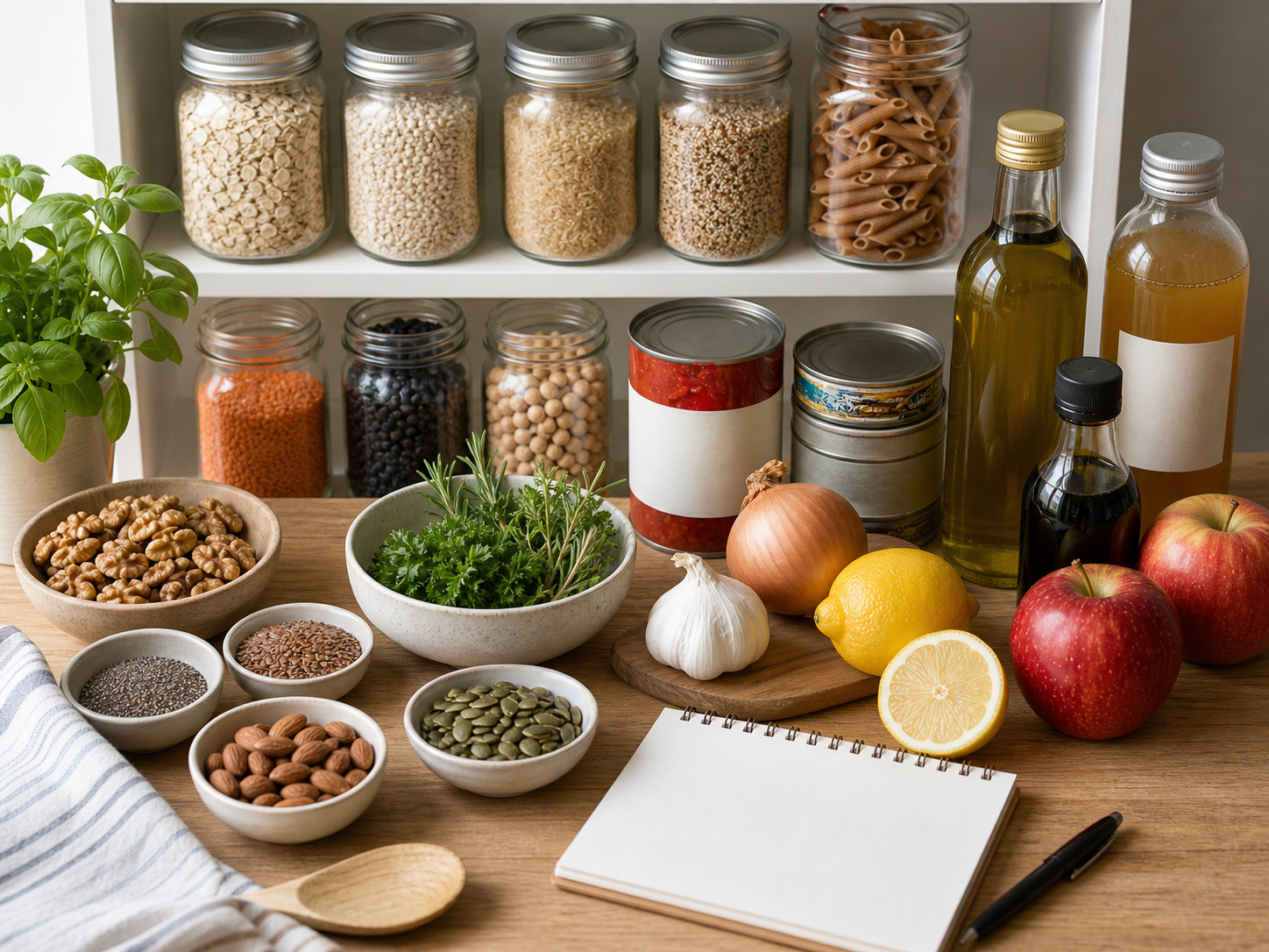 Heart-healthy pantry staples including oats, barley, brown rice, quinoa, whole-grain pasta, lentils, black beans, chickpeas, no-salt-added tomatoes, broth, canned fish, olive oil, vinegar, nuts, seeds, herbs, garlic, onions, citrus, apples, and a blank checklist