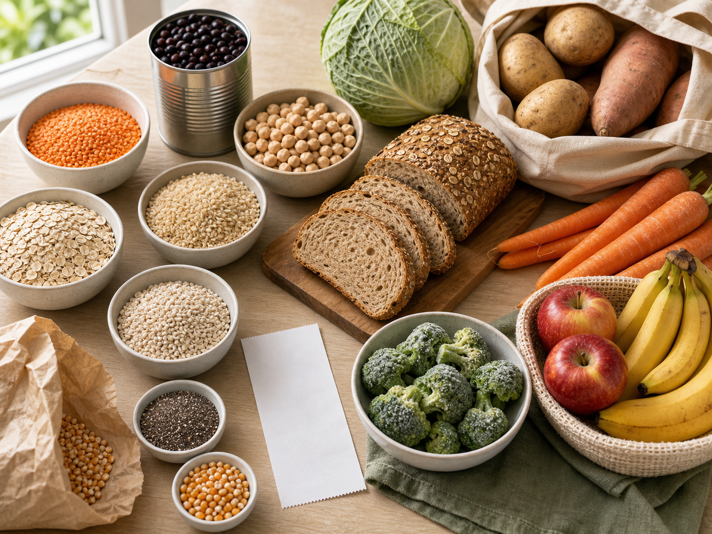Affordable high-fiber groceries including lentils, black beans, chickpeas, oats, brown rice, barley, whole-grain bread, potatoes, cabbage, carrots, apples, bananas, frozen broccoli, popcorn kernels, and chia seeds