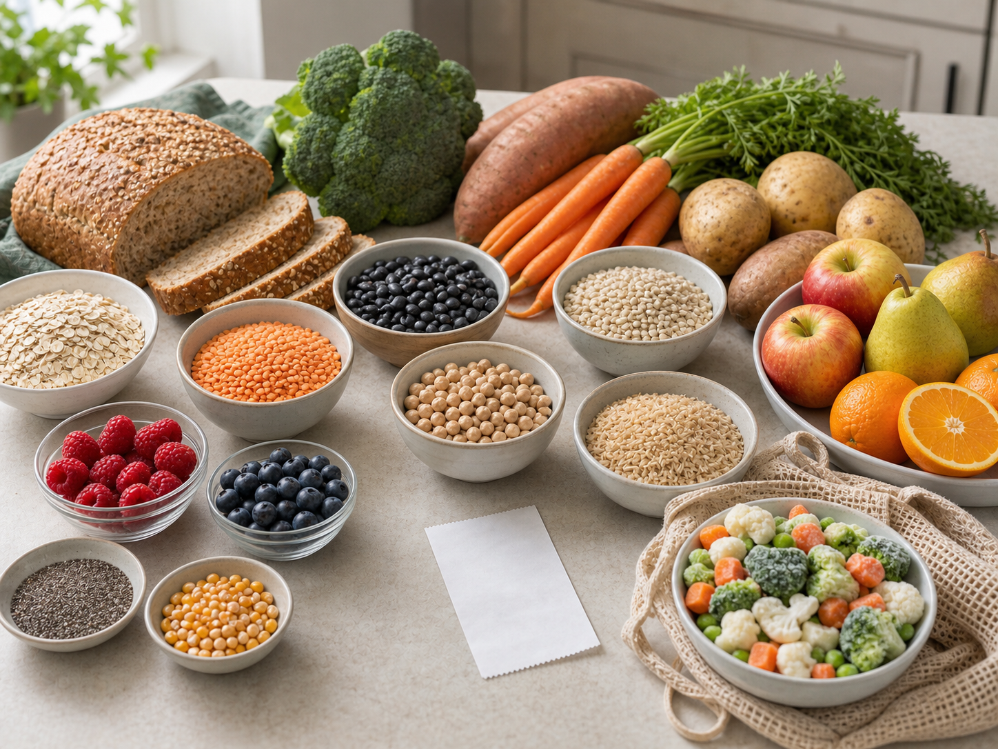 High-fiber groceries including oats, lentils, beans, chickpeas, berries, apples, pears, oranges, broccoli, carrots, potatoes, sweet potatoes, whole-grain bread, brown rice, chia seeds, popcorn kernels, and frozen vegetables arranged around a blank receipt