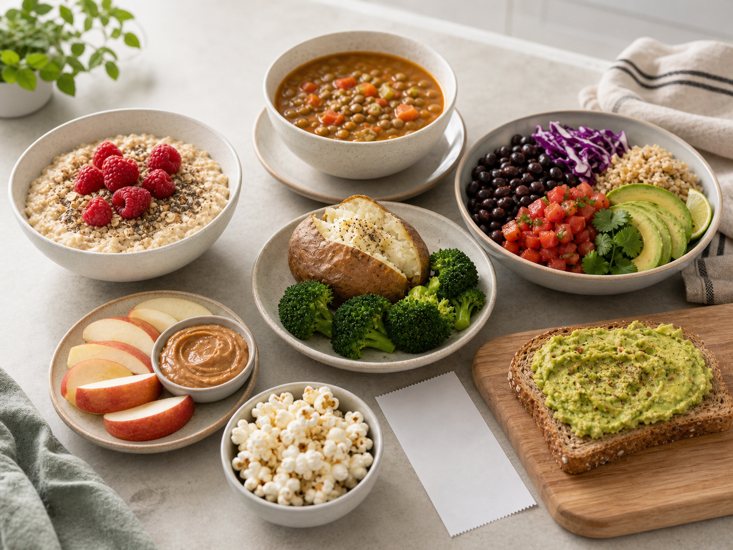 High-fiber meal and snack combinations including oatmeal with raspberries and chia, lentil soup, black bean bowl, baked potato with broccoli, apple with peanut butter, popcorn, and avocado toast