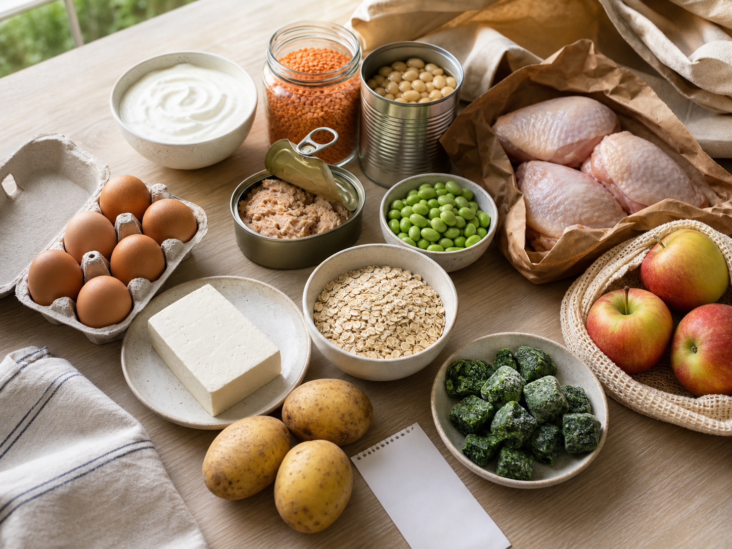 Affordable high-protein groceries including eggs, tofu, tuna, lentils, beans, edamame, yogurt, chicken, oats, potatoes, apples, and frozen spinach