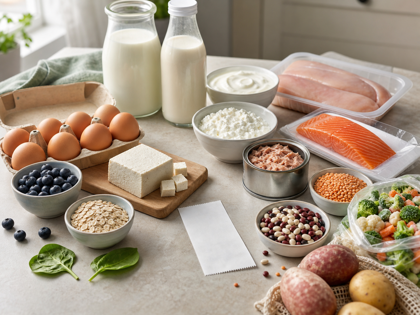High-protein groceries including eggs, yogurt, cottage cheese, tofu, tuna, salmon, chicken, beans, lentils, milk, oats, berries, and vegetables arranged around a blank receipt
