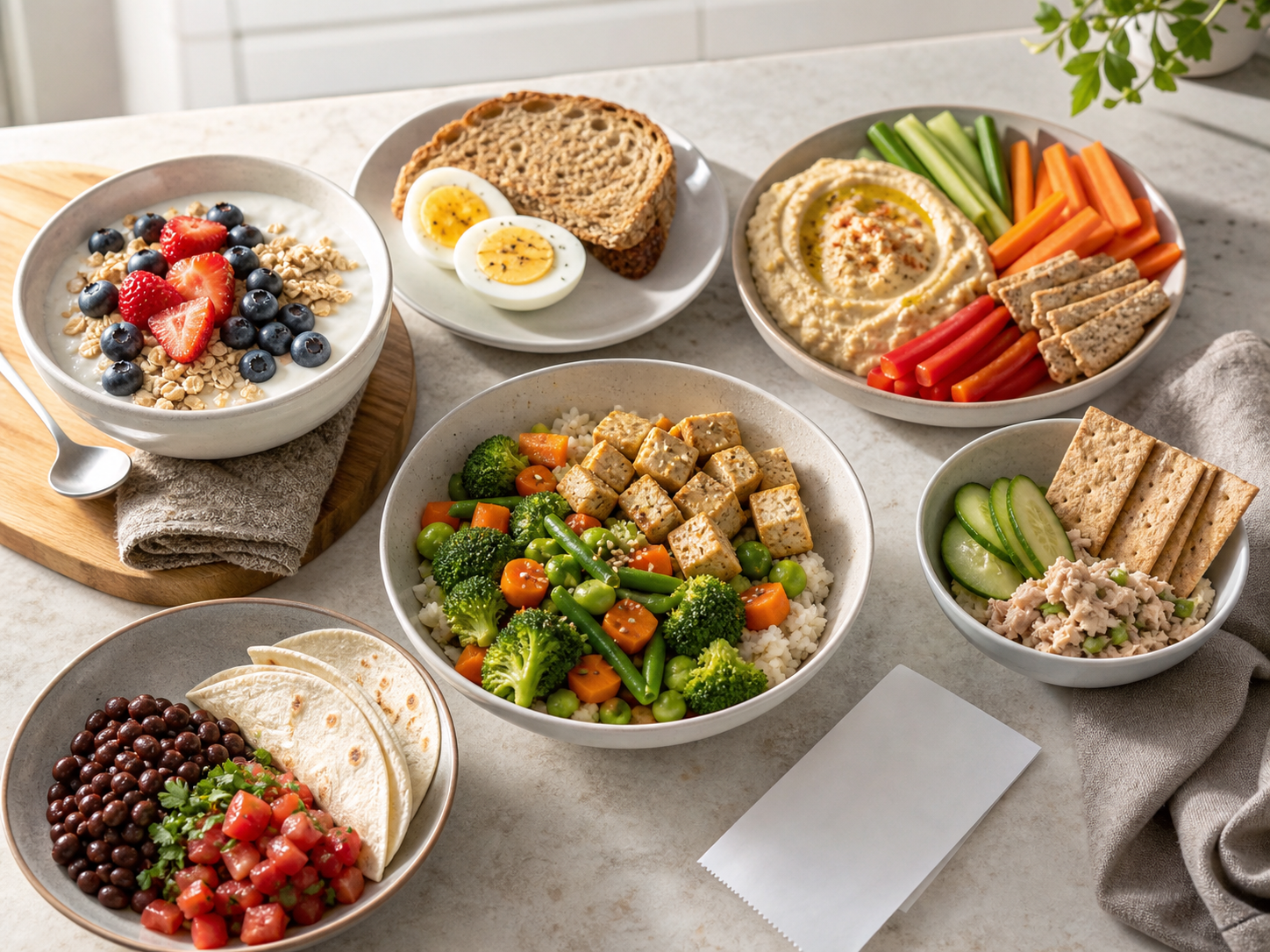 High-protein meal and snack combinations including yogurt with berries, boiled eggs with toast, hummus with vegetables, tofu rice bowl, tuna with crackers, and beans with tortillas