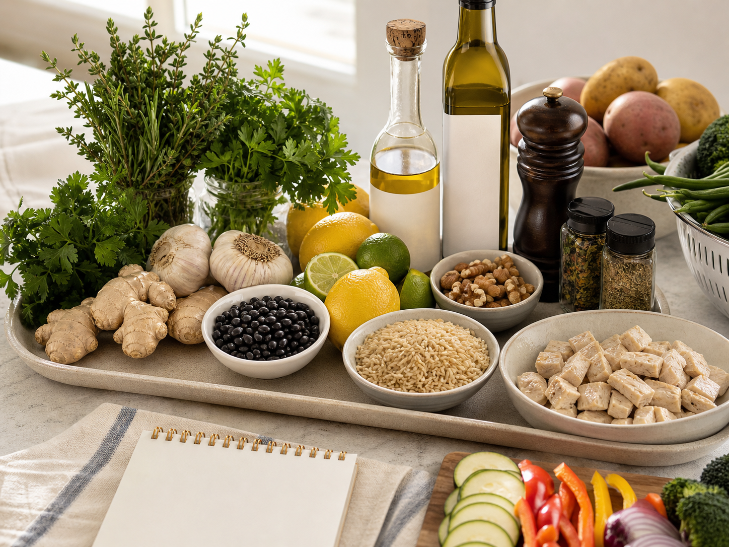 Flavor-building groceries for low-sodium cooking including herbs, garlic, ginger, citrus, vinegar, spices, beans, rice, potatoes, vegetables, tofu, and unsalted nuts