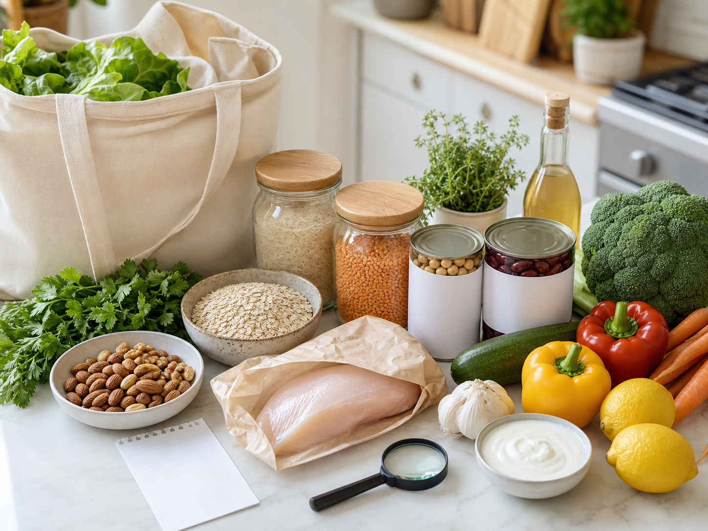 Low-sodium groceries including vegetables, fruit, oats, rice, lentils, no-salt-added beans, unsalted nuts, yogurt, fresh chicken, herbs, lemons, vinegar, garlic, and a blank receipt