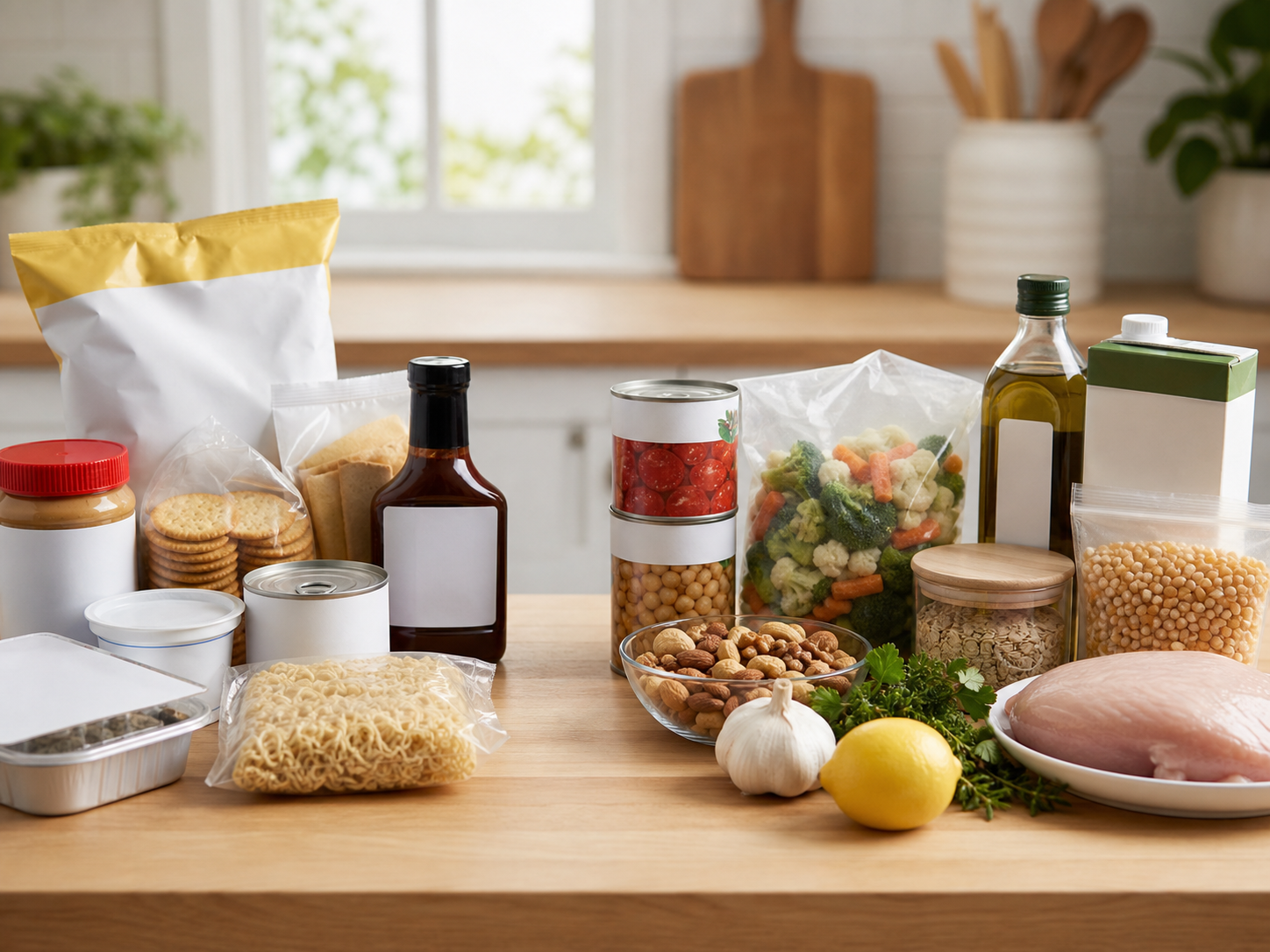 Lower-sodium grocery swaps with no-salt-added canned tomatoes and beans, frozen vegetables, unsalted nuts, oats, fresh chicken, herbs, garlic, lemon, vinegar, and blank packaged foods