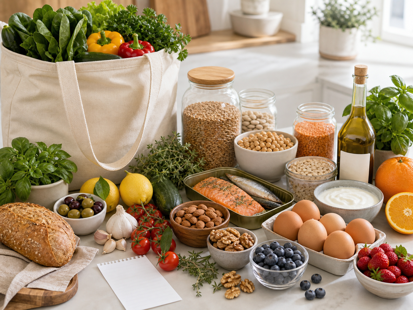 Mediterranean groceries including leafy greens, peppers, tomatoes, cucumbers, citrus, berries, chickpeas, lentils, beans, whole-grain bread, grains, yogurt, eggs, fish, nuts, olives, herbs, garlic, olive oil, and a blank receipt
