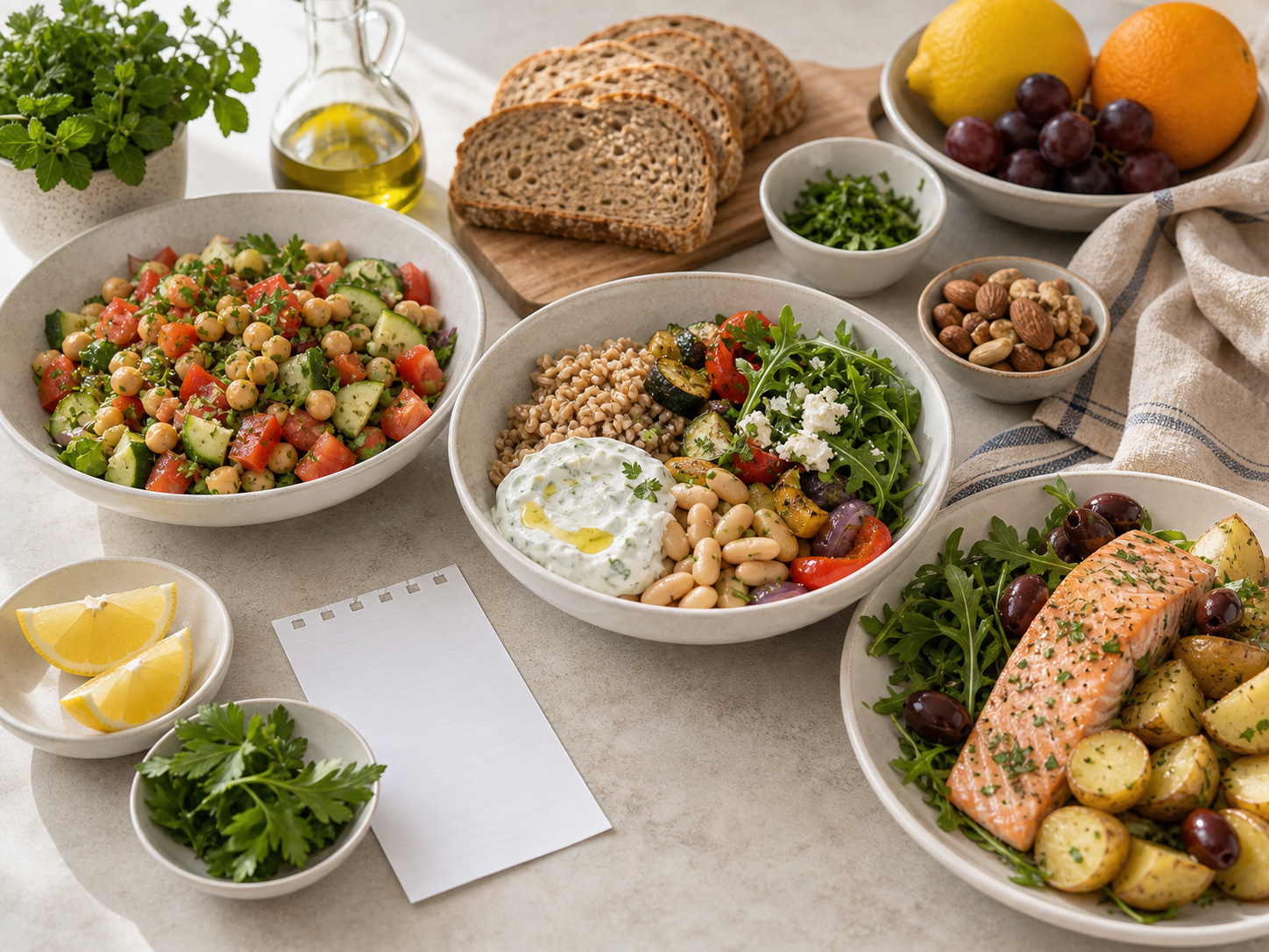 Mediterranean meal combinations with chickpea cucumber tomato salad, a whole-grain vegetable bean bowl with yogurt sauce, salmon with greens, potatoes, lemon, olives, fruit, nuts, and whole-grain bread