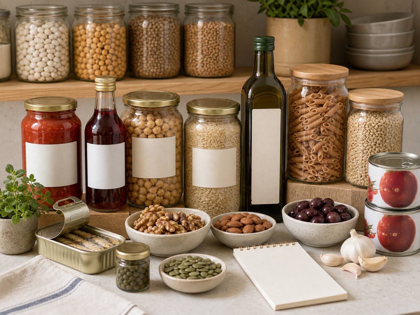 Mediterranean pantry staples including beans, lentils, grains, whole-grain pasta, canned tomatoes, canned fish, olive oil, vinegar, nuts, seeds, olives, capers, garlic, herbs, and a blank checklist