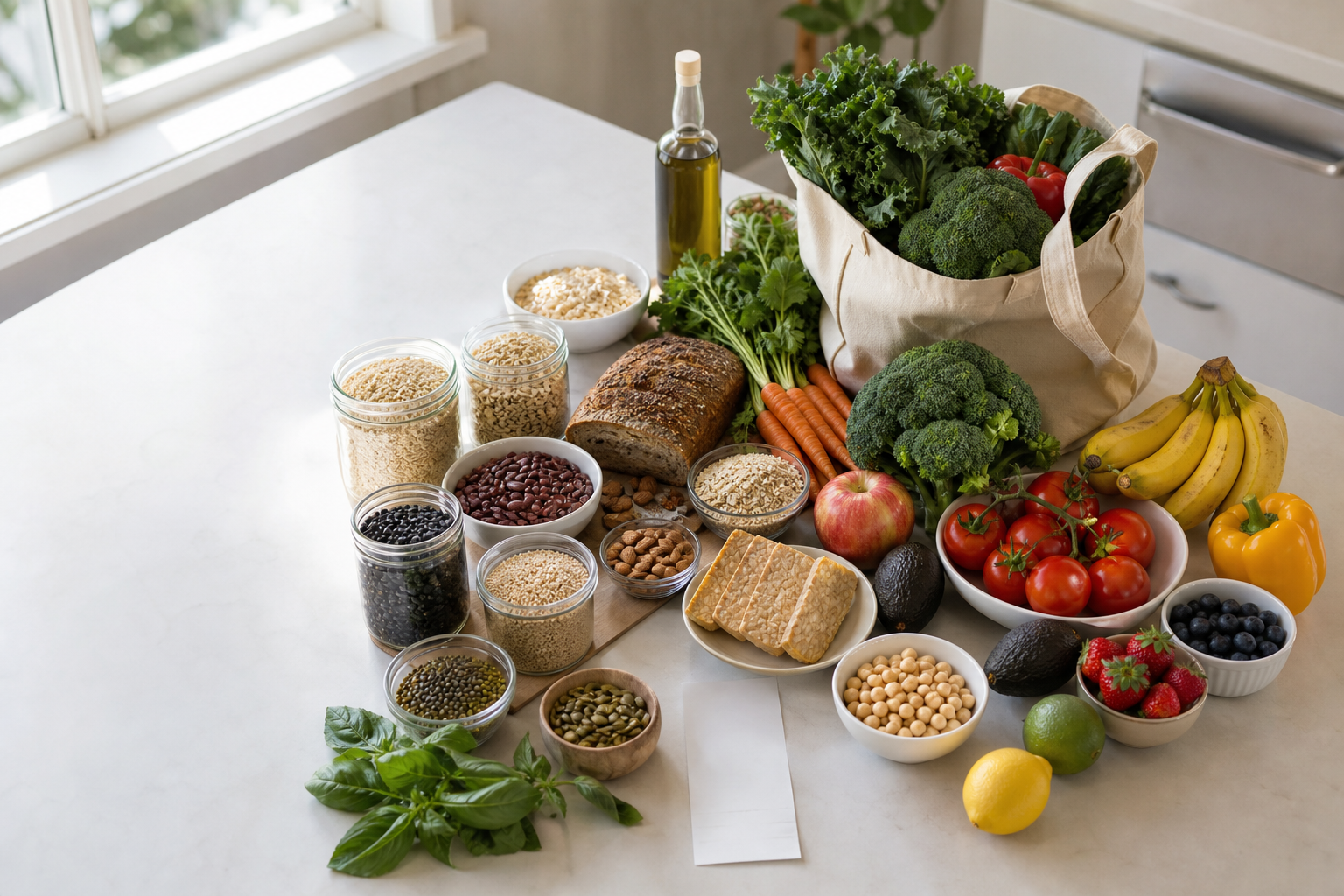 Plant-based groceries including greens, broccoli, carrots, tomatoes, berries, apples, bananas, avocados, beans, lentils, tofu, tempeh, oats, rice, quinoa, whole-grain bread, nuts, seeds, herbs, citrus, olive oil, and a blank receipt