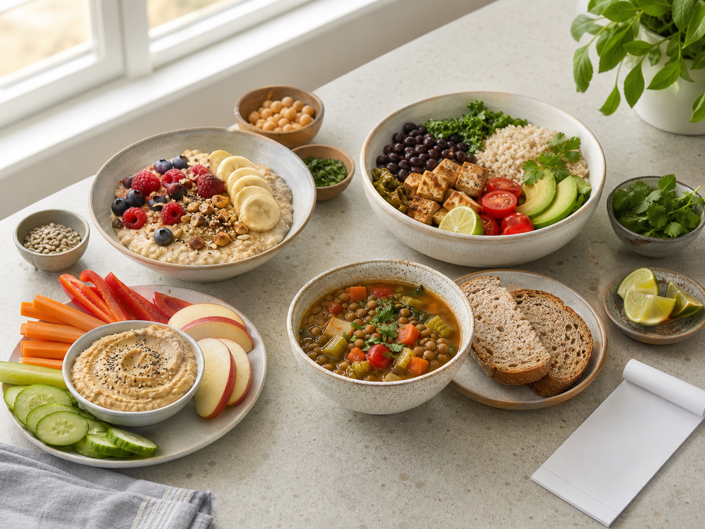 Plant-based meal combinations with oatmeal and berries, tofu black bean brown rice bowl, lentil vegetable soup, hummus with vegetables and fruit, seeds, herbs, citrus, and a blank receipt