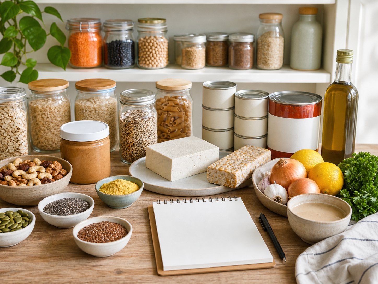 Plant-based pantry staples including lentils, black beans, chickpeas, canned beans, canned tomatoes, tofu, tempeh, oats, rice, quinoa, pasta, peanut butter, nuts, seeds, tahini, olive oil, vinegar, garlic, onions, citrus, herbs, and a blank checklist