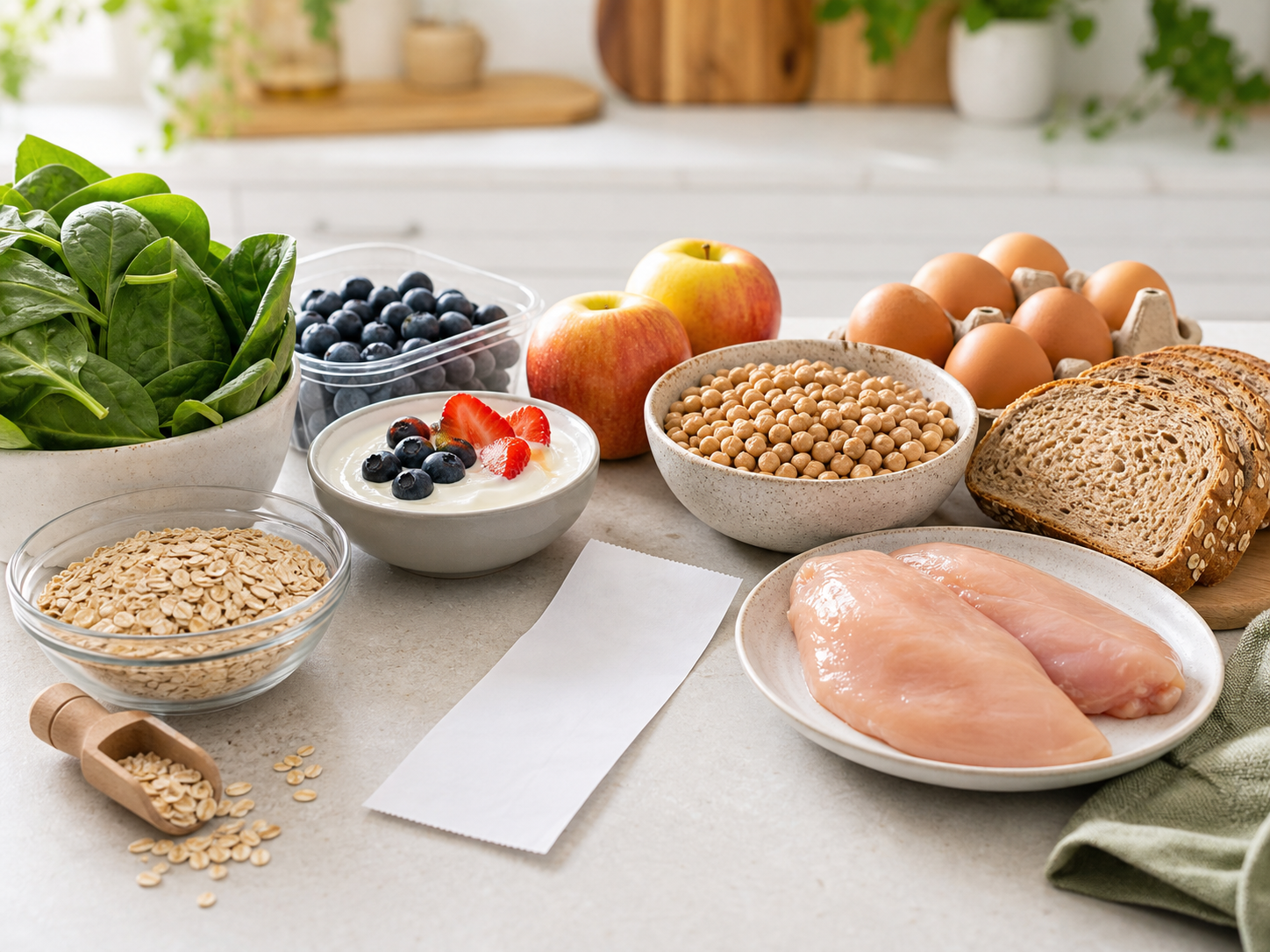 Protein anchors and fiber-rich groceries arranged beside a blank receipt